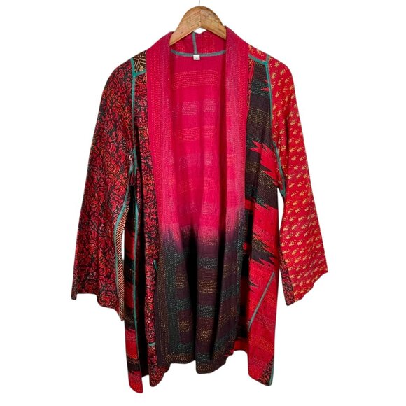 Mieko Hand-Stitched Reversible Kimono Jacket Sz 1 Artisan Boho Patchwork Kantha - Picture 5 of 16